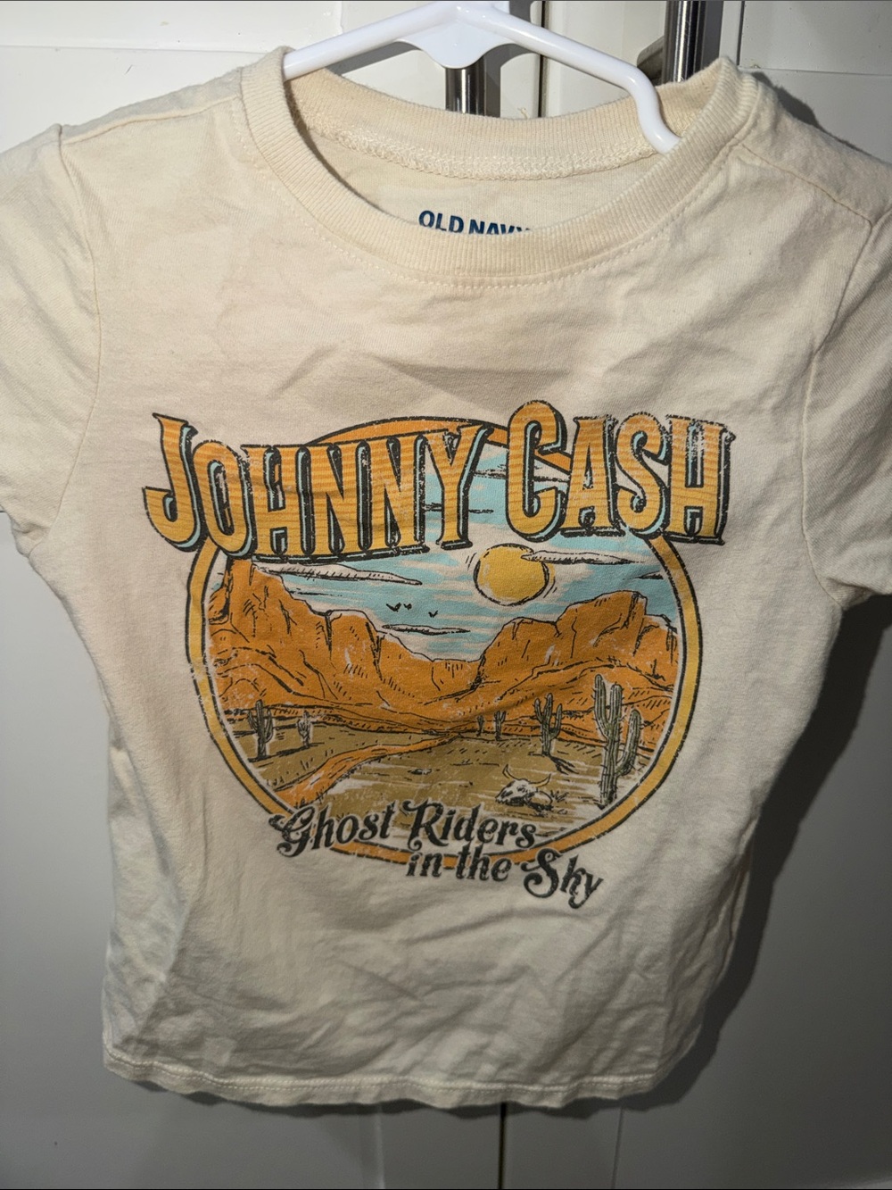 Old Navy Cream Johnny Cash Graphic Tee with Orange & Blue Desert Print